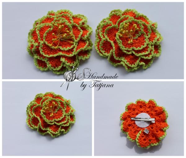 Haarspange-Häkelblume-Brosche mit Blättern orange/hellgrün