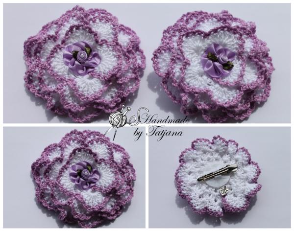 Haarspange-Häkelblume-Brosche mit Blättern weiß/violett