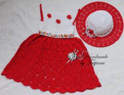 Sommerkleid Gr.98-104 (Mohn) rot/weiß mit eleganten Hut
